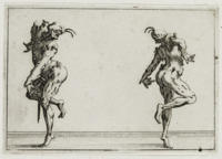 Two identical male figures in distorted poses and half masks dance in the same position from opposite perspectives.