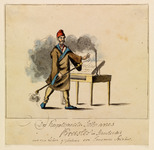 Watercolor of Kapellmeister Johannes Kreisler in a brown dressing gown and red hat, smoking a long pipe, standing before a writing table, on which lies Hoffmann’s opera Undine.