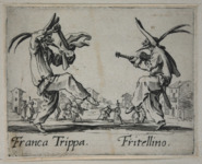 Etching foreground: two male figures in half masks face each other, one holding a wooden sword and cape (left), the other playing a guitar (right). Etching background: a man bows to kiss a woman’s hand.