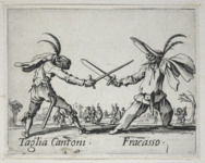 Etching foreground: two male figures wearing half masks, their hats adorned with long feathers, stand facing one another with crossed swords, one wooden, the other real. Etching background: small groups of people look on.