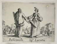 Etching foreground: a man with a half mask and wooden sword extends his hat to a woman, who has placed her hand on his elbow. Etching background: a figure, center, waves a sword while another, left, wields a cape.