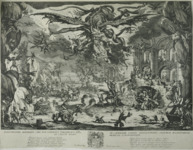 All the forces of hell explode from every corner of this etching, including bat-winged devils, a massive dragon, and creatures that are part machine, part animal, part gun, part skeleton. On the lower right, a tiny Saint Anthony is besieged by several man-beast devils and a dragon with snakes pouring from its mouth.