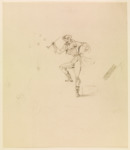 Pencil drawing of Hoffmann, dancing, one knee lifted, smoking a long pipe.