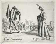 Etching foreground: a woman with her hands tucked into her long gown, right, stands facing a man in a half mask and round spectacles, left, his feather-adorned hat in one hand. Etching background: two figures dance to the music of a theorbo while others watch.