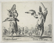 Etching foreground: a woman, left, plays a tambourine, while a man, right, waves a wooden sword and cape. Etching background: two acrobats perform; a strolling guitarist plays; and several others watch.
