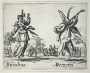 Etching foreground: a woman, left, dances to the music of a theorbo, played by a man, right, in a half mask and feather-adorned hat. Etching background: two musicians entertain families and riders on horseback.