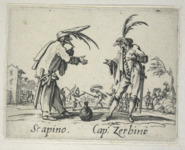 Etching foreground: two male figures in half masks, round spectacles, and hats adorned with long feathers face one another, talking, a jug on the ground between them. Etching background: two figures sword fight, one with jug in hand, while others look on.
