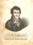 Portrait of Hoffmann, head and shoulders, full front, eyes gazing to one side.