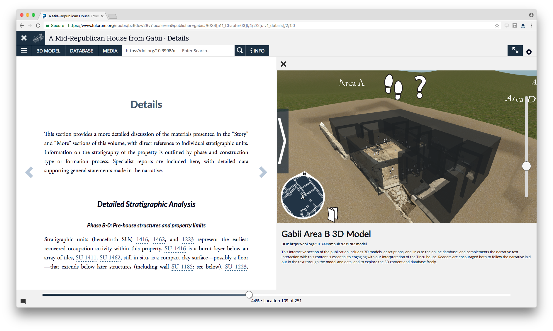 Screenshot of Gabii on Fulcrum showing an e-book and 3D model side-by-side in browser