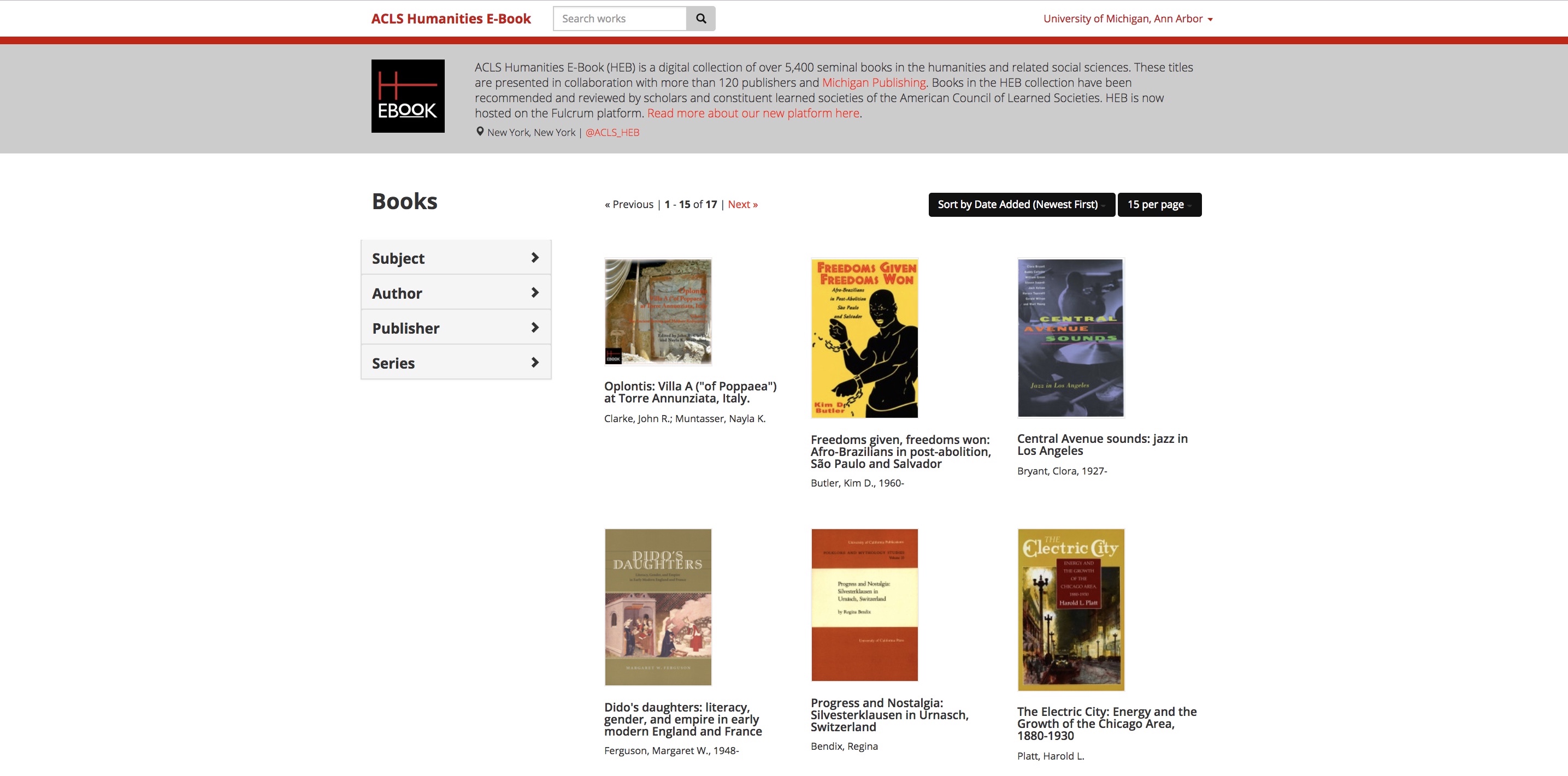 A screenshot of the updated catalog page of Humanities E-Book, displaying book covers and browse filters.