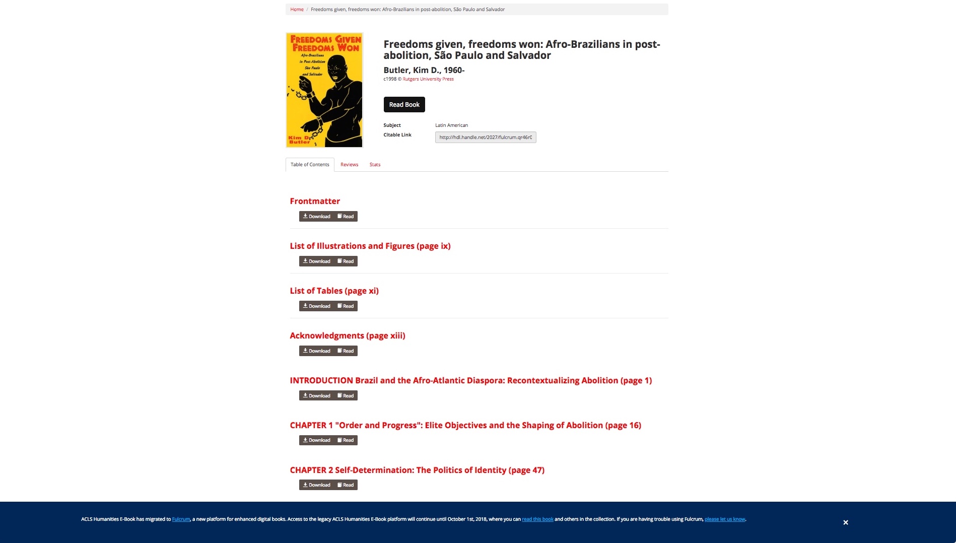 A screenshot of the enhanced e-book landing page displaying book metadata, links to chapters, and chapter download buttons.