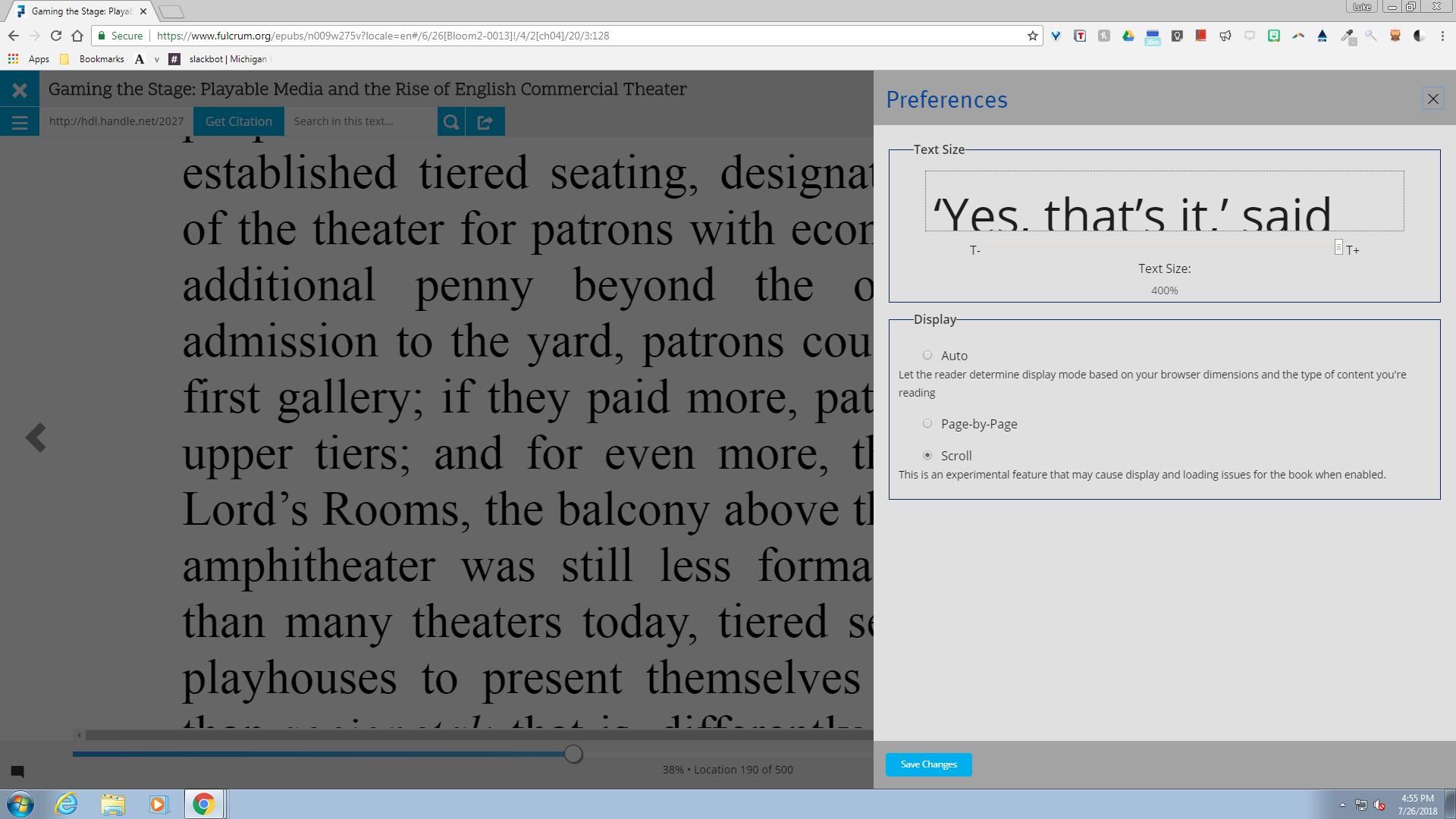 A screenshot of E-Reader preferences panel with text size increase/decrease options.