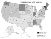 A map of the United States showing that predominately in 1986 that there were very few states that allowed for the legal concealed carry of firearms.