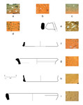Close-up photographs and diagrams of ancient cooking ware and tableware.