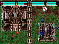 A screenshot from Herzog Zwei, showing a vertically split screen where red and blue units are each by their side.