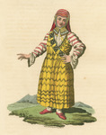 Portrait of a young woman wearing a bright yellow dress with a black zig-zag pattern, a white shirt with red diagonal stripes, and a red, beaded headdress.