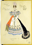 Costume design for Nina in an elaborate ball gown with an orange shawl and black embroidered train. She wears a simple bracelet over one of her elbow-length gloves.
