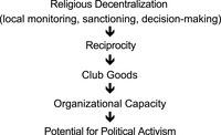 This figure visually demonstrates my causal argument that decentralization leads to reciprocity, club goods, an organizational capacity, and finally potential for political activism.