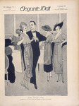 Inside cover of an Elegante Welt magazine issue depicting an afternoon dance tea, in which the man holds his female partner so as to show off her fashionable dress. Six people in the image, most of whom are seated at tables and/or looking away, surround them. One woman in a hat and dress looks toward the woman. The image is a black-and-white illustration. The magazine title and issue information are lined up along the top of the page above the image; the image’s title is below. All text is in German.