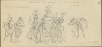 This pencil sketch features several figures in turbans and robes, center, framed by commedia dell'arte characters that include Pantalone (left) and Harlequin (right).