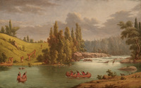 An oil painting of two canoes in the water near a small waterfall. Several other canoes are being portaged up a hill and around the waterfall behind them.