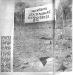 Fig. 37. A picture of a banner in a forested setting with the text “Here Wiriyamu the location of a massacre of 16 November 1972”—a reference to the supposed location of the Wiriyamu Massacre, which both Portugal and Frelimo struggled to photographically document. The published image appeared in Tempo as part of its coverage of Frelimo president’s journey from exile called “From Rovuma to Maputo.”