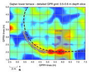 A detailed GPR grid of Gajtan lower terrace Unit 002 at .5-.6m depth slice. It shows the location of Unit 002 and the perimeter of the circular mound.