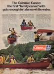 A color Coleman advertisement featuring a family paddling a fiberglass canoe.