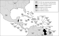 Figure 16. Map of the Caribbean with countries identified by the year in which they abolished slavery.