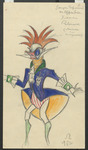 In this costume design for act 2 of Tales of Hoffmann, a male guest appears to be part insect, part bird: while his enormous eyes are solid blue, his red on-end hair fans out like feathers. His blue jacket is a deep yellow underneath, and his green-clad calves trail away into nothingness.