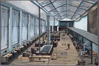 Color drawing of well-lit, vaulted factory room. Work stations run along both long walls and in a row down the center.