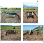 Four photographs, labeled a to d, of the cist grave at tumulus 099 from all four directions.