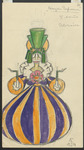 In this costume design for act 2 of Tales of Hoffmann, a female guest wears a purple and orange striped gown, the skirt of which curves out sharply then in again at the base, making her look like a vanka-vstanka (a doll with a rounded base that always returns to its upright position) or an enormous jug. The impression of the latter is strengthened by her vivid green headdress and hair, which together resemble a spout.