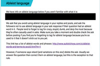 Two posts arranged horizontally; the top one labeled “Trigger tags,” the bottom labeled “Ableist language,” both with written commentary.