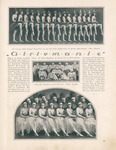 A page from a German magazine, featuring a wide photograph along the top of the page, a small photograph in the very center with German text on either side, and another photograph at the bottom of the page. The topmost photo features a row of sixteen dancers holding the same pose with their front legs bent and hanging in the air, all wearing triangular hats and fluffy costumes. The center photo features a stage scene of dancers in a row of six standing behind another row of four on the floor, with another dancer in the mid-ground between them, all wearing layered dresses. The bottom photo features a row of seven dancers behind a row of eight dancers, all holding the same pose with ankles crossed and all wearing stringed dresses and headpieces.