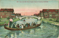 A photographic, color tinted view of the one of the canals in Venice California at sunset. There is a gondola full of passengers in the foreground with a gondolier whose back is to the viewer. There is a low white bridge in the distance and brick-colored houses either side of the canal.