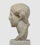 Photograph of head of a female portrait statue, profile view.