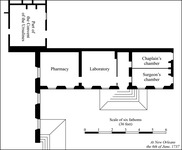 Figure 8. Architectural drawing of the pharmacy, laboratory, chaplain’s chamber, and surgeon’s chamber that were part of the Royal Hospital next to the Ursuline convent.