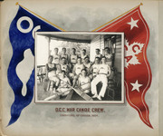 A black and white photograph of fourteen men wearing matching canoe-crew outfits is mounted on an illustrated page from a photo album. The men in the photograph are standing or sitting in three rows with three canoe oars crossed in front of them. Text beneath the photograph reads "O.C.C. War Canoe Crew. Champions of Canada, 1904." One blue flag and one red flag is painted on either side of the photograph.