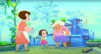 A shot from the animated film On Happiness Road showing a granny standing with her daughter and granddaughter and holding a chicken under her arm.