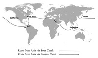 A map shows the route from Japan to New York via the Panama Canal and from Singapore to New York via the Suez Canal.