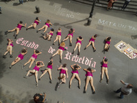 Overhead shot of performers lying face-­down on the street, wearing pink tops, nothing below the waist other than mare tails.