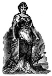 Etching of Columbia holding a shield in one hand and a sword in the other. She wears a long suit of armor and a hat with stars, and an eagle sits at her feet.