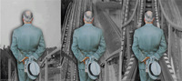 Three side-by-side image frames from a GIF Connoisseur GIF. A gray-clothed man, back to camera looks at black and white, POV roller coaster footage.