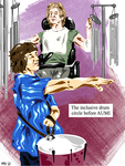 Drawn illustration: a person in the foreground wears a drum on their waist. A person in a wheelchair raises their arms toward chimes suspended from a stand.