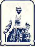 Truth wears a long, full skirt, a long-sleeved jacket, and a white shawl. A cloth bag is draped over one arm. She holds a cane in her other hand. She wears her signature white cap and spectacles.