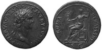 A bronze coin of Nerva from September 96 CE that depicts a portrait head of the emperor Nerva on the obverse and Roma seated and holding a Victoriola and spear.