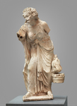 Marble statue representing an old woman wearing an elaborately draped chiton and ivy wreath on her head, carrying a basket of fruit and two chickens, probably dedicatory gifts to Dionysos.
