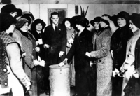 "ILGWU Waist and Dressmakers Voting on an Agreement" (from UNITE Archives, Kheel Center, Cornell University, Ithaca, NY 14853-3901 [1913]). The concern on the male union leader's face in the center of the photograph reveals the gendered tension within the union's ranks during the 1913 strikers. During the strikes, officials like this man found themselves in conflict with female rank-and-file and shopfloor leaders. Strikers forcibly and violently forced male union officials to renegotiate one agreement, foreshadowing conflicts between male leaders and female unionists throughout the 1910s.