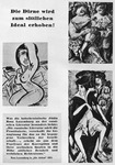 A page from a program brochure for the “Degenerate Art” exhibition with depictions of three women by modern artists, rendered with strong lines, some abstraction, and some degree of nudity. The brochure denigrates the women as prostitutes. Kirchner’s Yellow Dancer, a painting with a woman seated on a large chair, is on the lower right. Above it is another painting with two figures. In the center left is a drawing with a completely nude woman. The top and bottom left of the page have German text.